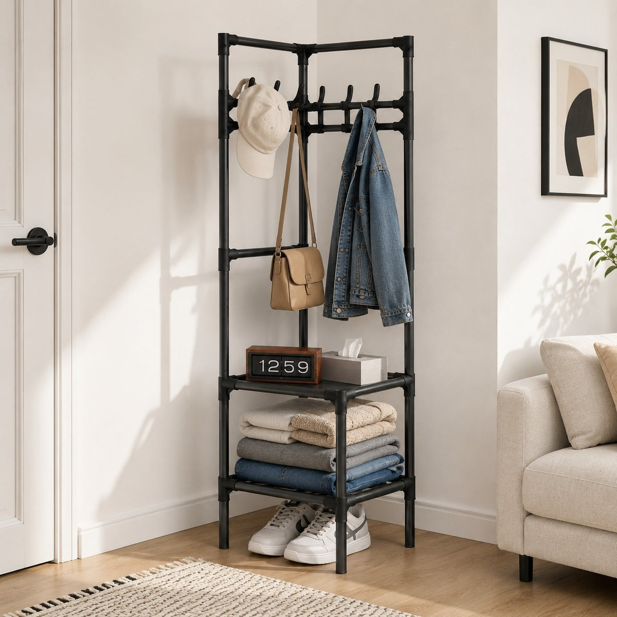 The NOCTIS N black corner rack with hooks