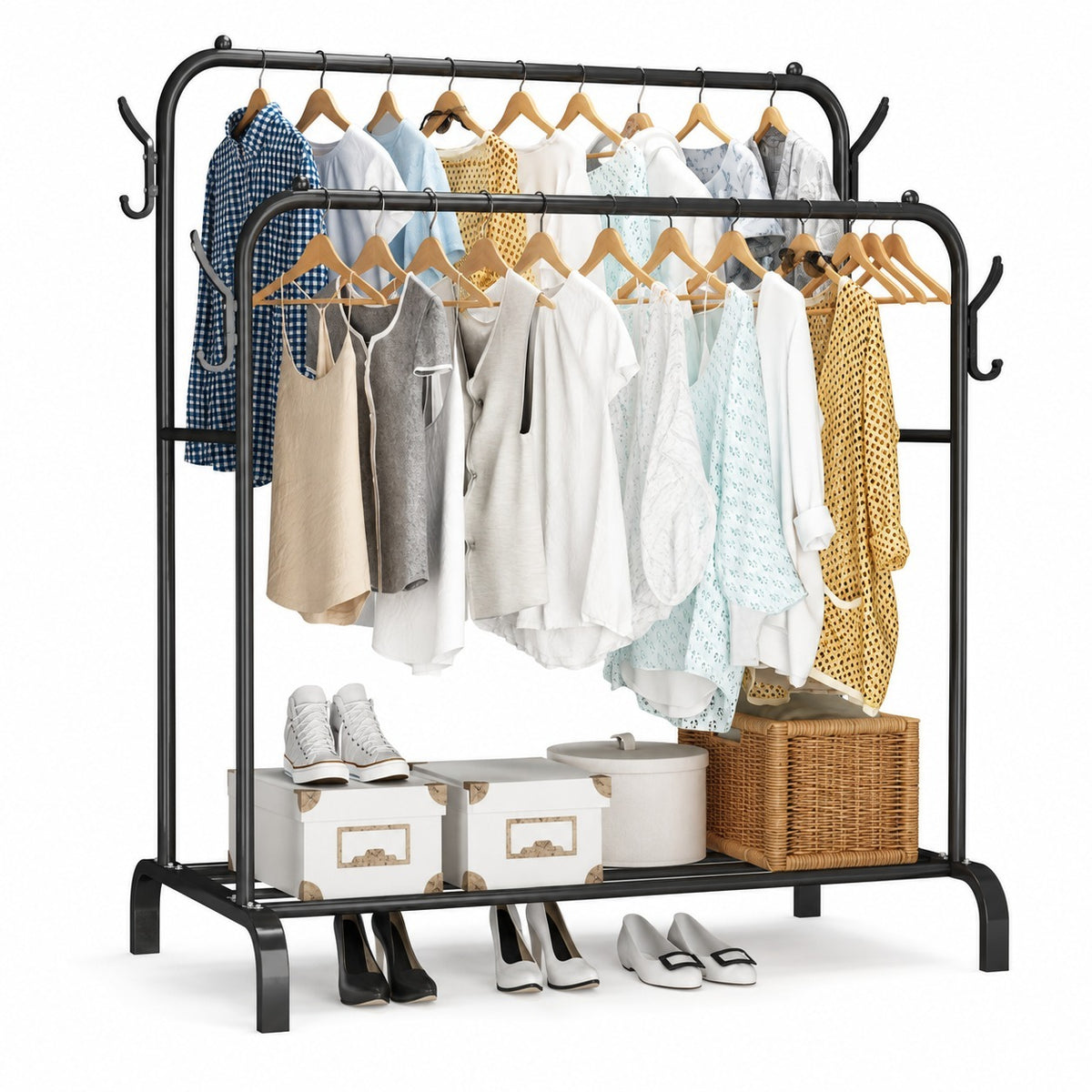 The ATELIA N double clothes rack with side hooks