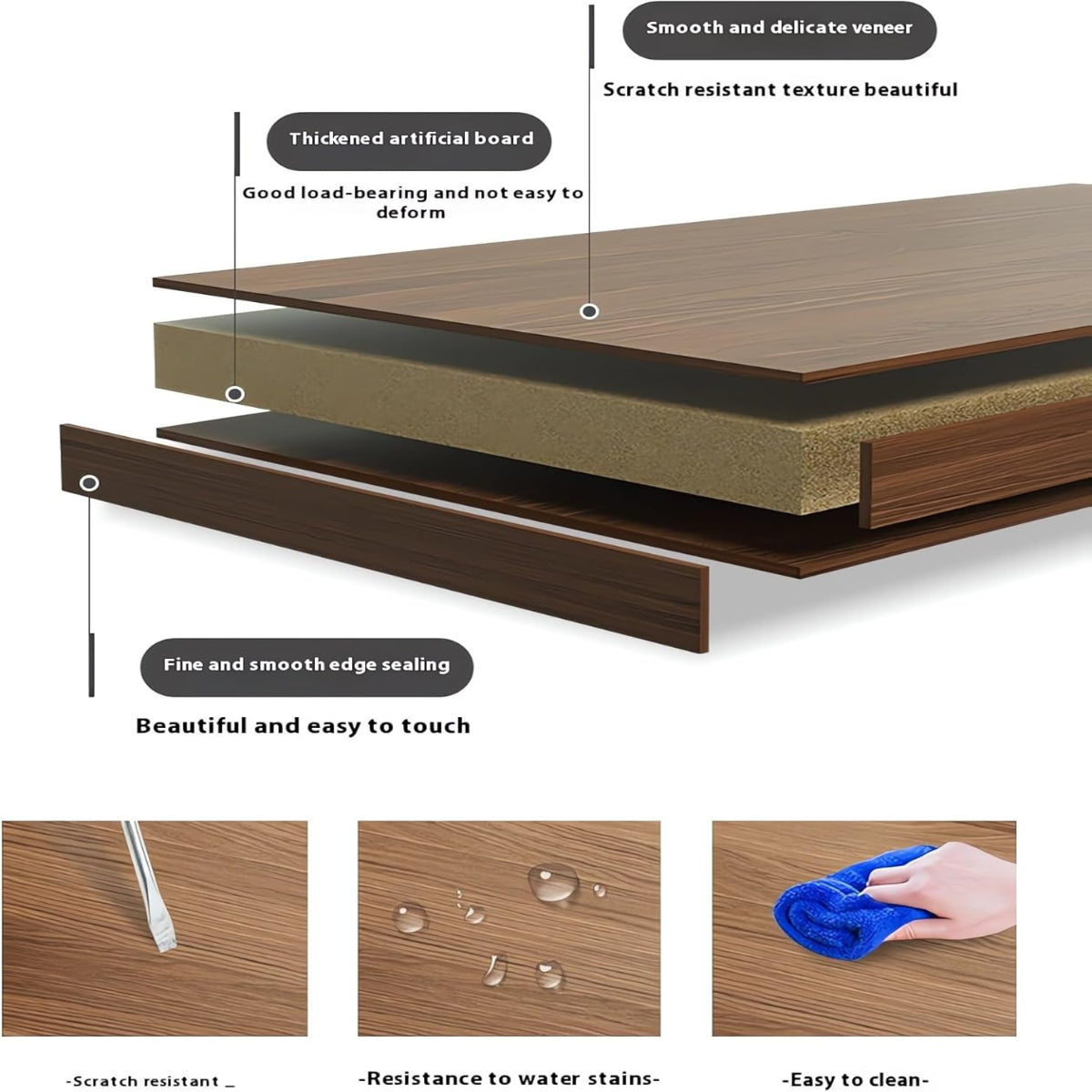 Wooden furniture with labeled features on a white background