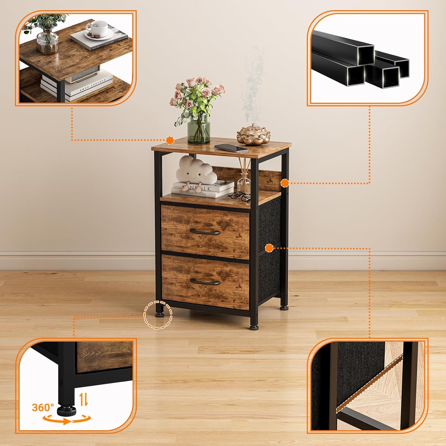 SIDE TABLE MARCEL WITH 2 FABRIC DRAWERS