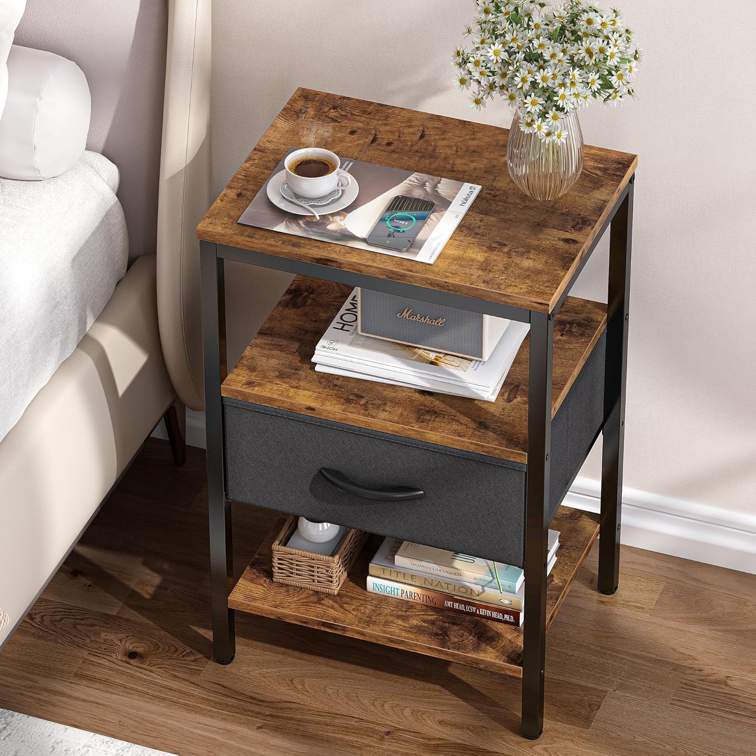 The ARDEN – SIDE TABLE WITH FABRIC DRAWER