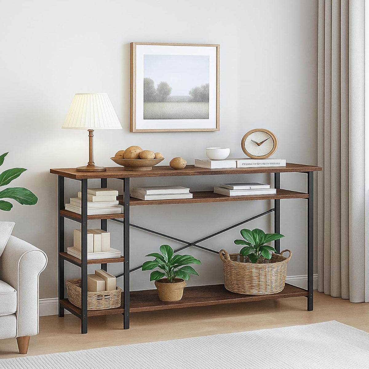 Wooden shelf with decorative items in a room setting