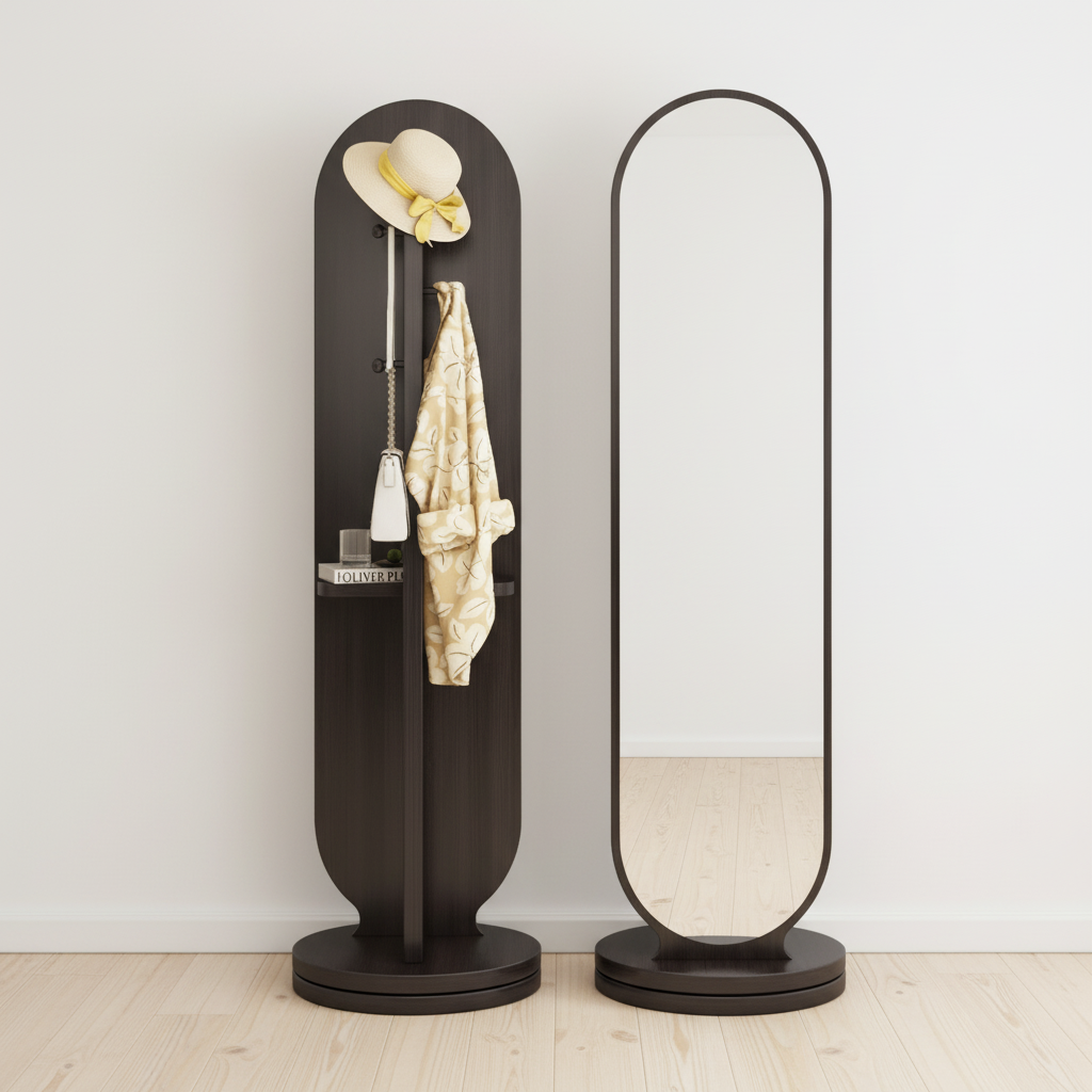 The VERTU – 360° Rotating Mirror with Coat Rack & Shelf
