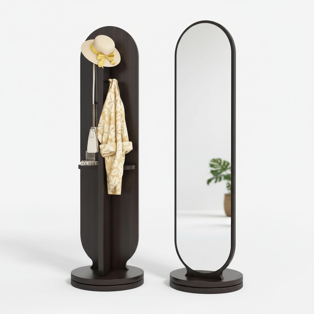The VERTU – 360° Rotating Mirror with Coat Rack & Shelf